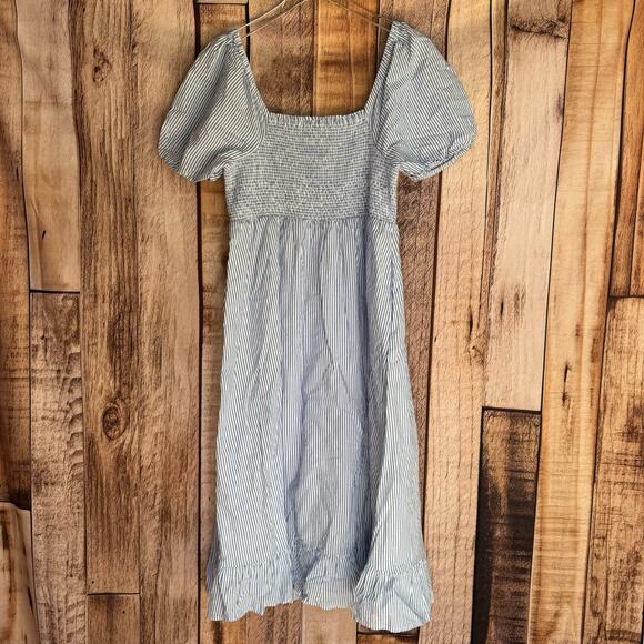 J. Crew Dress Striped Puff Sleeved Midi Blue White Summer Smocked NWT Large - Picture 2 of 8